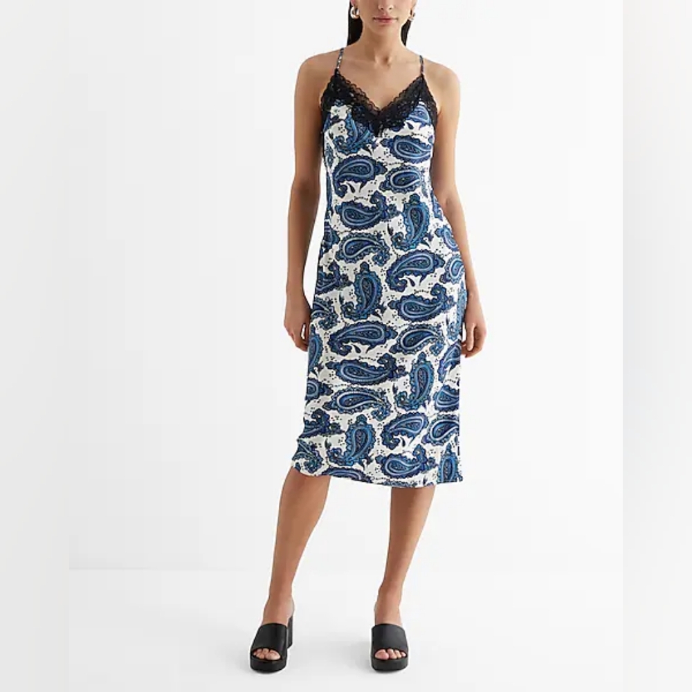 Express Satin Printed Lace Trim V-Neck Midi Downtown Cami Slip Dress - Blue - S